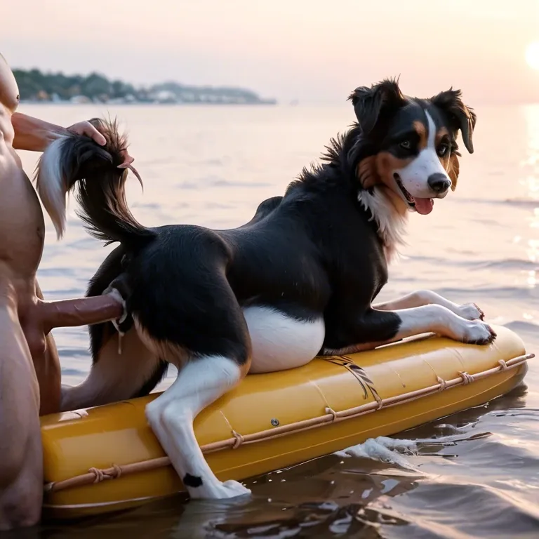 Feral border collie, female canine, canine pussy, vaginal penetration, cum drip, tail grab, human penis, wooden raft, ocean, thrusting, pregnant, laying on stomach, xray,