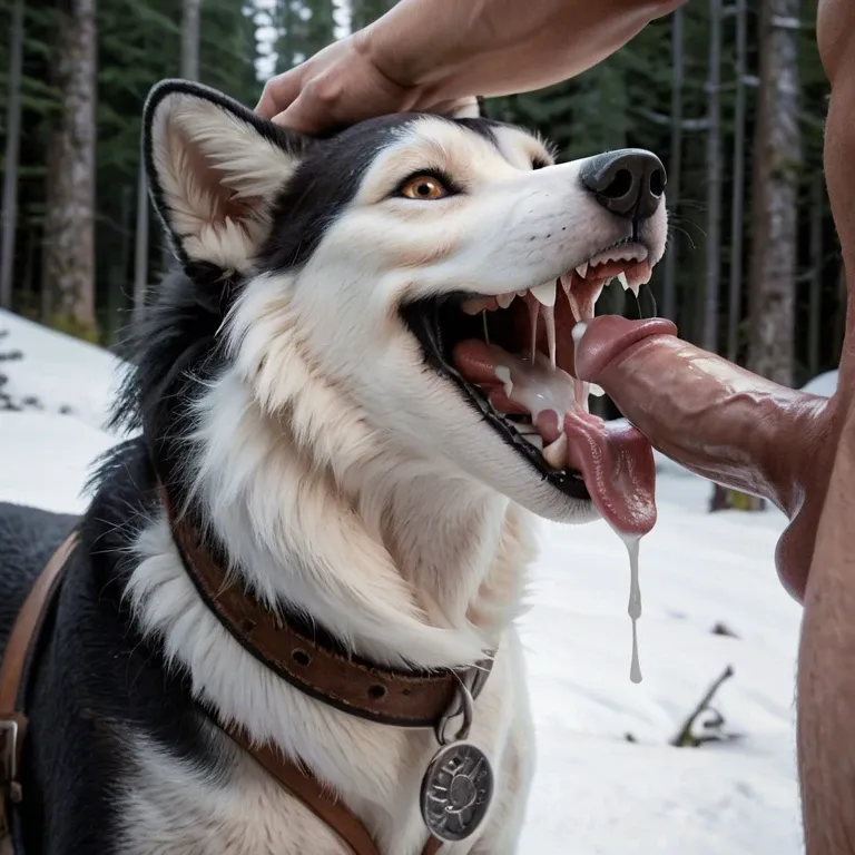 Feral siberian husky, canine pussy, female canine, canine mouth, cum, blowjob, human penis, penis in mouth, tongue out, wide mouth, snow forest, head pat, smile, view from back, raised tail,