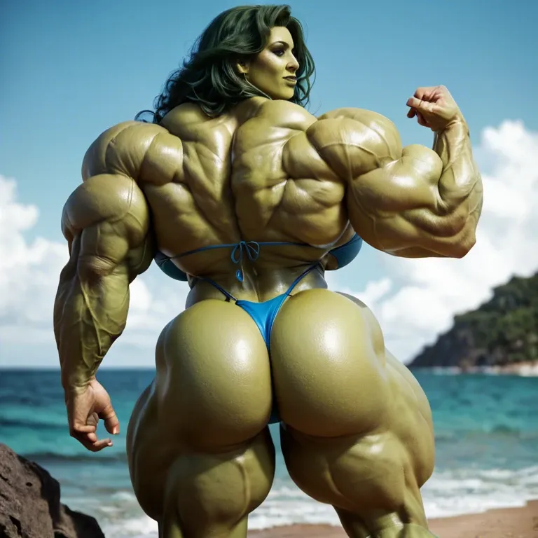 She Hulk, hyper massive muscles female, massive muscles buffet, hyper gigantic muscles, hyper gigant muscles, hyper giant muscles, hyper muscle tank, pectorales, pecs, bikini, beach big ass