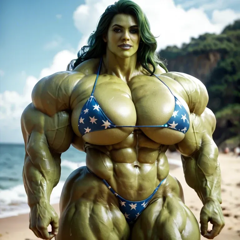 She Hulk, hyper massive muscles female, massive muscles buffet, hyper gigantic muscles, hyper gigant muscles, hyper giant muscles, hyper muscle tank, pectorales, pecs, bikini, beach big booty