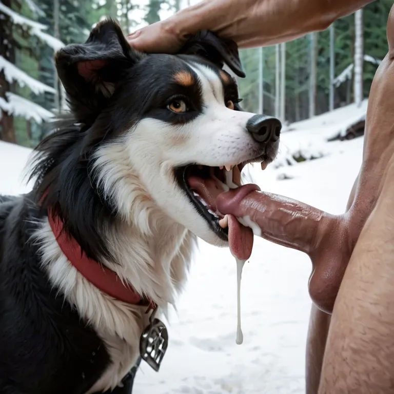 Feral siberian husky, canine pussy, female canine, canine mouth, cum, blowjob, human penis, penis in mouth, tongue out, wide throat, snow forest, head pat, feral border collie,