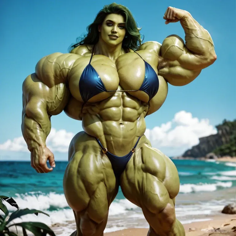 She Hulk, hyper massive muscles female, massive muscles buffet, hyper gigantic muscles, hyper gigant muscles, hyper giant muscles, hyper muscle tank, pectorales, pecs, bikini, beach big Cul