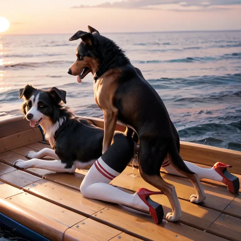 Feral border collie, female canine, canine pussy, vaginal penetration, cum drip, tail grab, human penis, red high heels, wooden raft, ocean, sunset, legwear, thrusting,