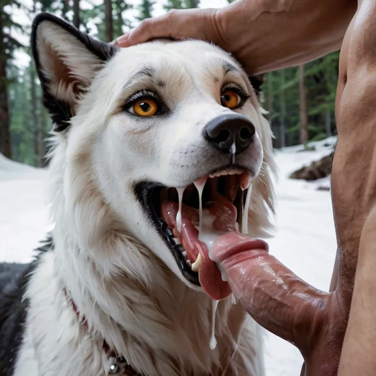 Feral siberian husky, canine pussy, female canine, canine mouth, cum, blowjob, human penis, penis in mouth, tongue out, snow forest, head pat, cum on nose,