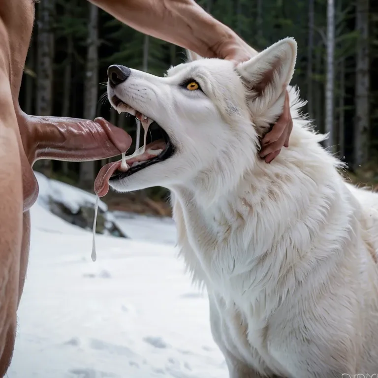 Feral siberian husky, canine pussy, female canine, canine mouth, cum, blowjob, human penis, penis in mouth, tongue out, wide throat, snow forest, head pat, extreme ejeculation,