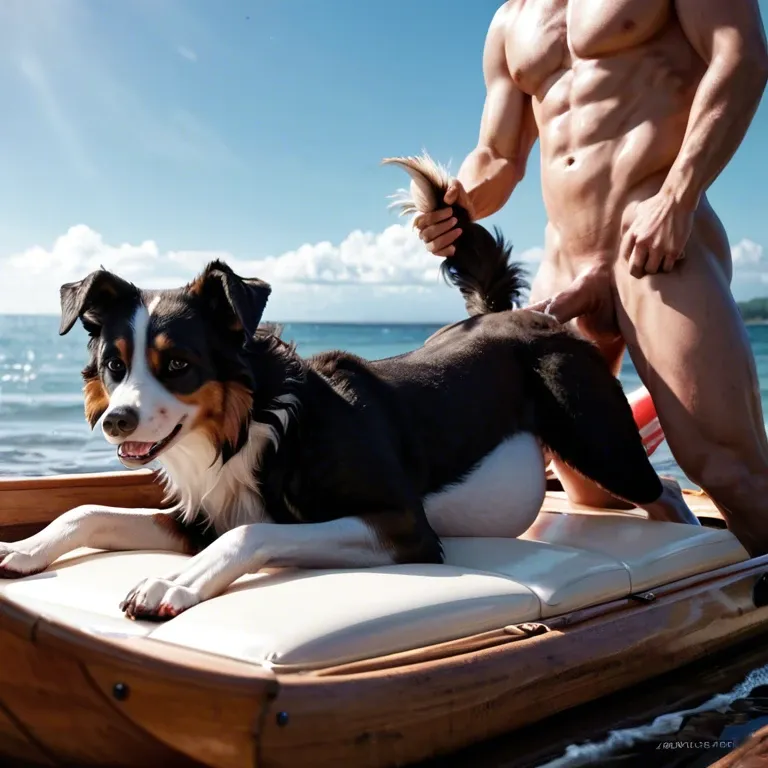 Feral border collie, female canine, canine pussy, vaginal penetration, cum drip, tail grab, human penis, wooden raft, ocean, thrusting, pregnant, laying on stomach,