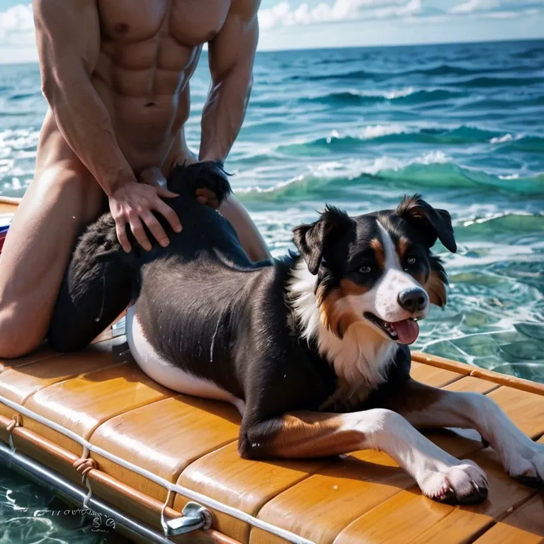 Feral border collie, female canine, canine pussy, vaginal penetration, cum drip, tail grab, human penis, wooden raft, ocean, thrusting, pregnant, laying on stomach, underwater,