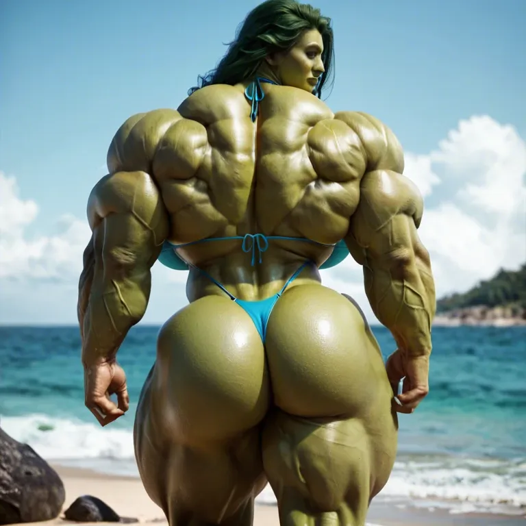 She Hulk, hyper massive muscles female, massive muscles buffet, hyper gigantic muscles, hyper gigant muscles, hyper giant muscles, hyper muscle tank, pectorales, pecs, bikini, beach big booty ass