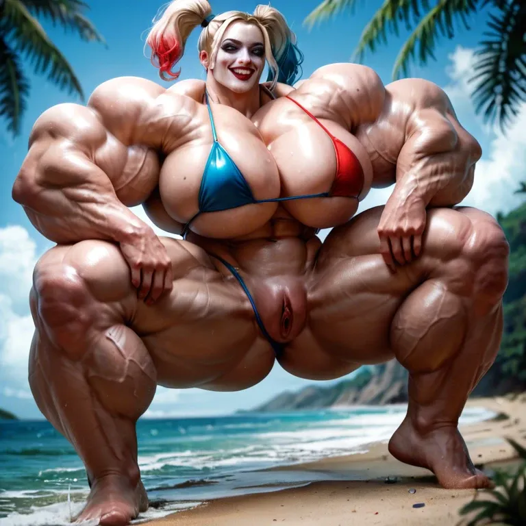 harley quinn, hyper massive muscles female, massive muscles buffet, hyper gigantic muscles, hyper gigant muscles, hyper giant muscles, hyper muscle tank, pectorales, pecs, bikini, beach big pussy clitoris