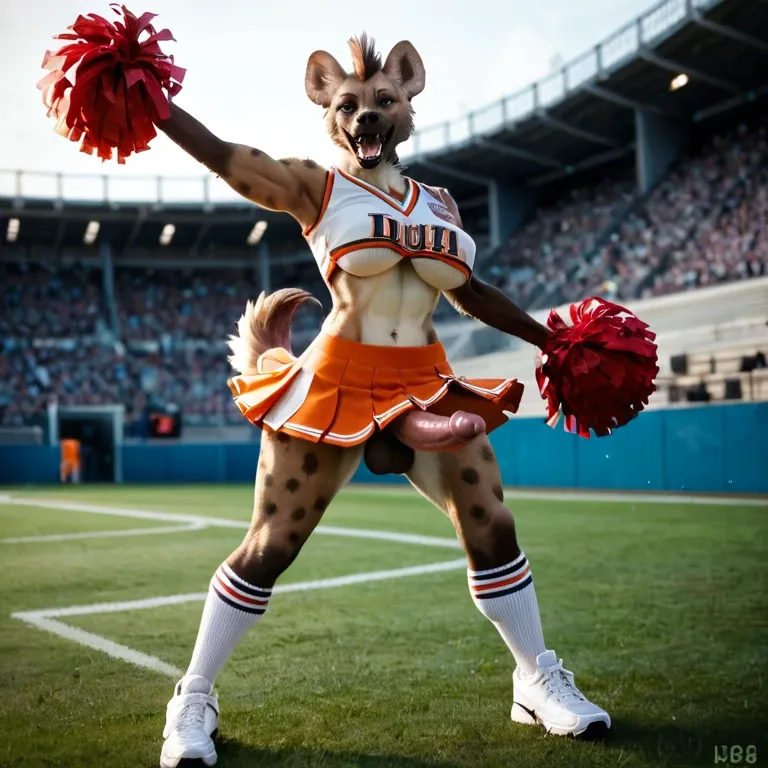 Anthro furry hyena futanari big boobs underboob raising leg presenting_cock and cheering in a cheerleader_outfit football_field