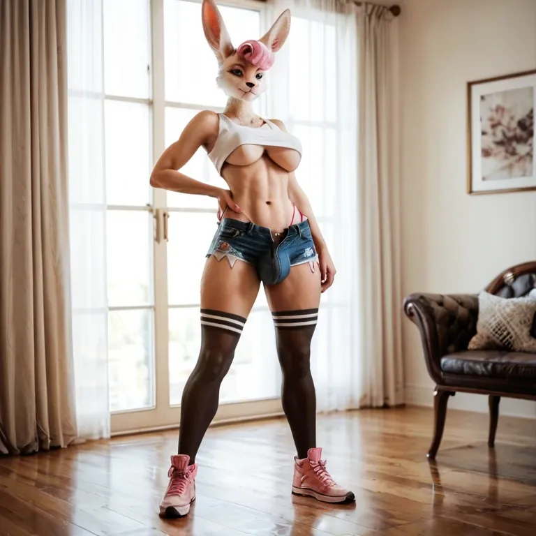 Anthro furry lagomorph futanari big boobs, cock and balls, bulge, pink_hair pixie_cut white_fur body_fur tank_top underboob daisy_dukes thigh_highs thong straps sneakers baseball_cap sitting down on couch