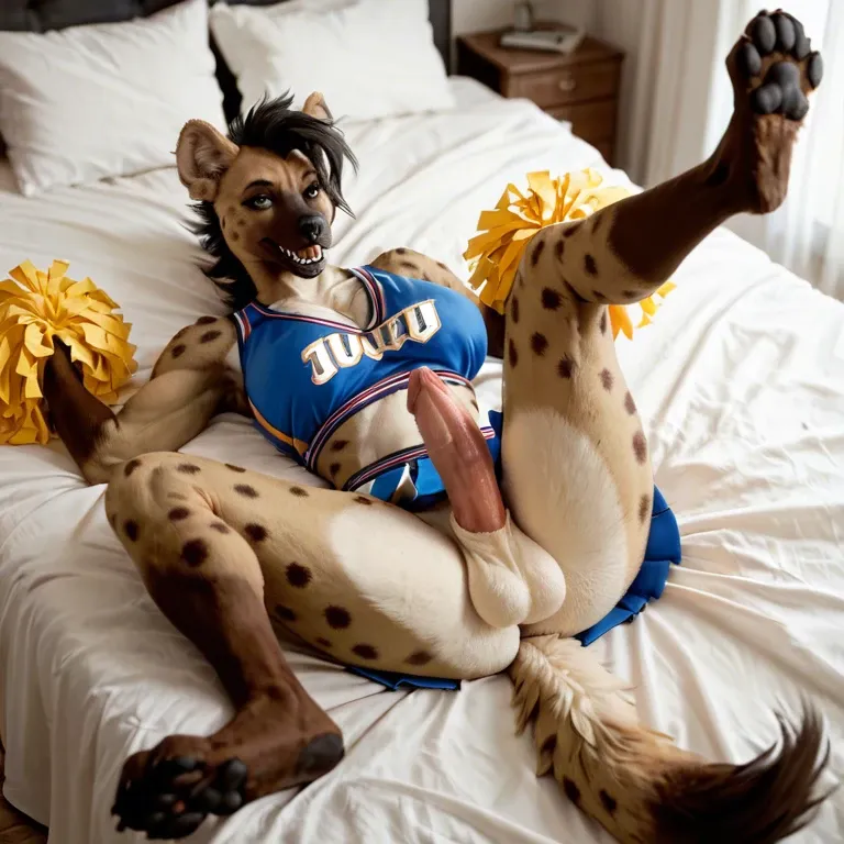 Anthro furry hyena futanari big boobs laying down with legs spread and paws presenting_cock erect on bed in a cheerleader_outfit