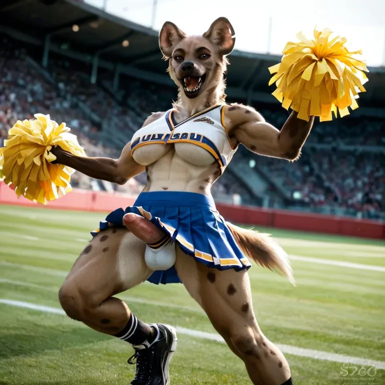 Anthro furry hyena futanari big boobs underboob paws raising leg and cheering in a cheerleader_outfit on football_field with cock and balls bulge panties under skirt