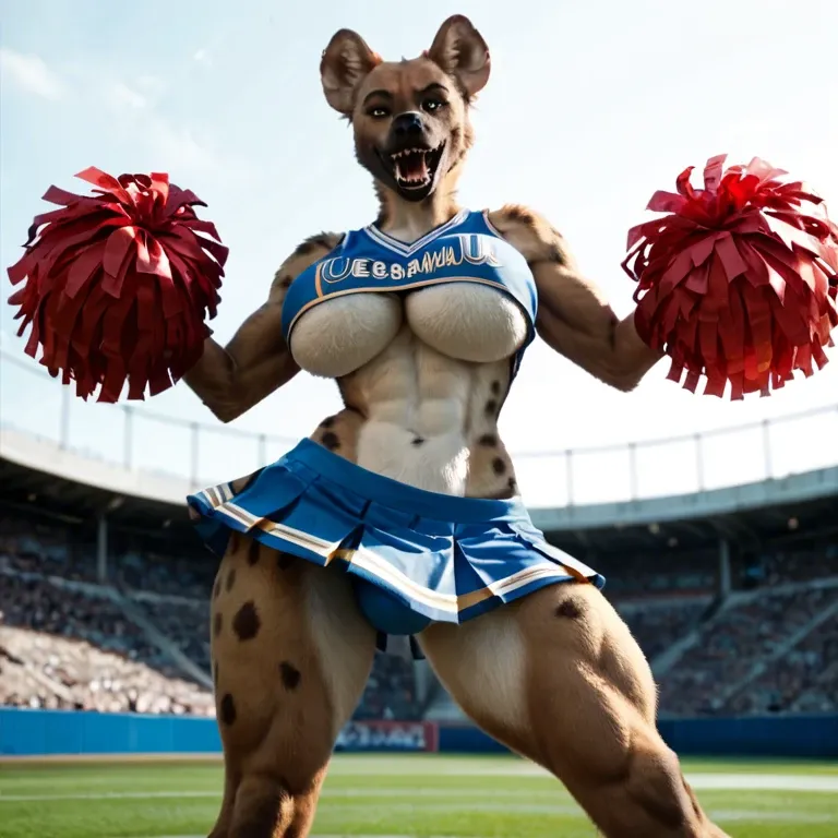 Anthro furry hyena futanari big boobs underboob raising leg and cheering in a cheerleader_outfit football_field