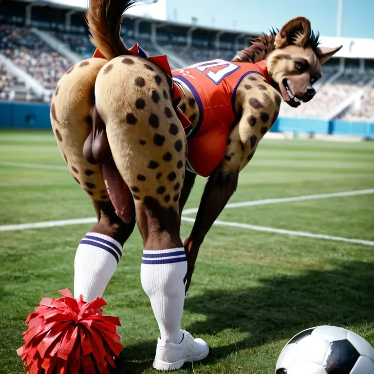 Anthro furry hyena futanari big boobs bending over and presenting_butt in a cheerleader_outfit football_field