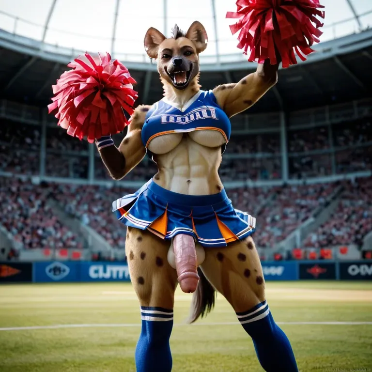 Anthro furry hyena futanari big boobs underboob raising leg presenting_cock and cheering in a cheerleader_outfit football_field