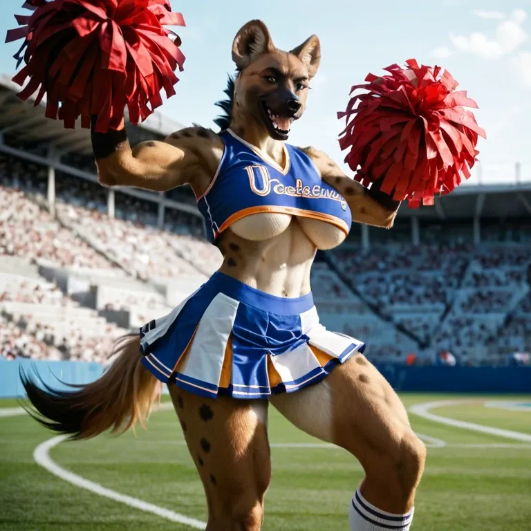 Anthro furry hyena futanari big boobs underboob raising leg and cheering in a cheerleader_outfit football_field