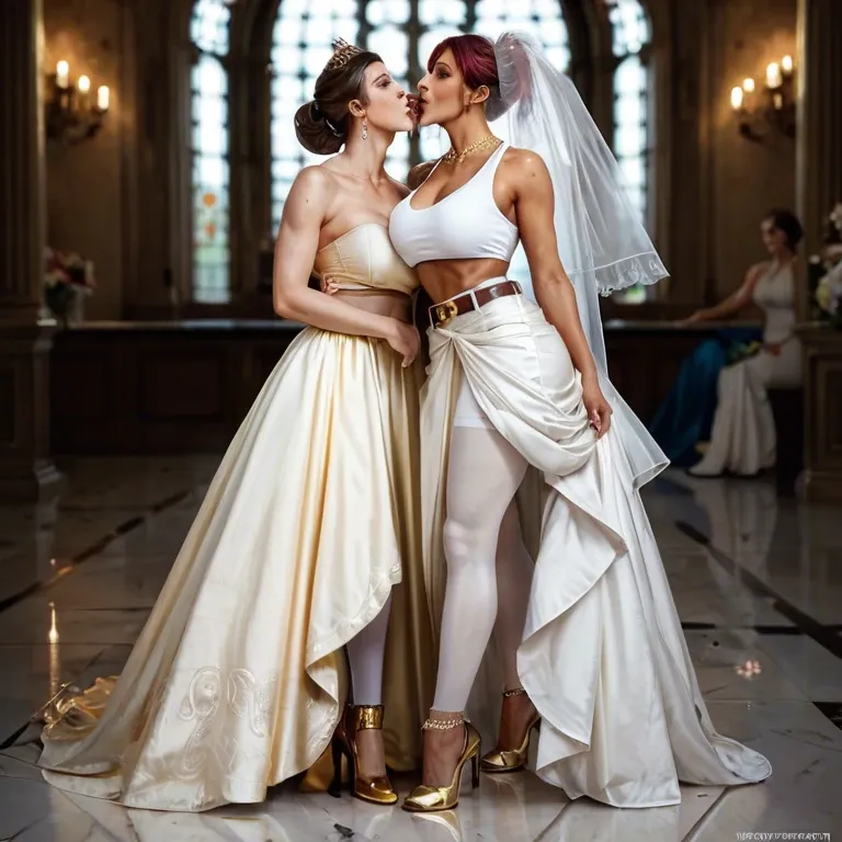 2girl, , , , arching back,tiptoe,round tits,big breasts,throat, wedding dress,white pantyhose,gold crown,sports bra,boots, yellow dress,gold anklets,belt,maroon bodysuit,stiletto heels, bathroom, field, royal bedroom, green collar, link, anna and elsa, waifu