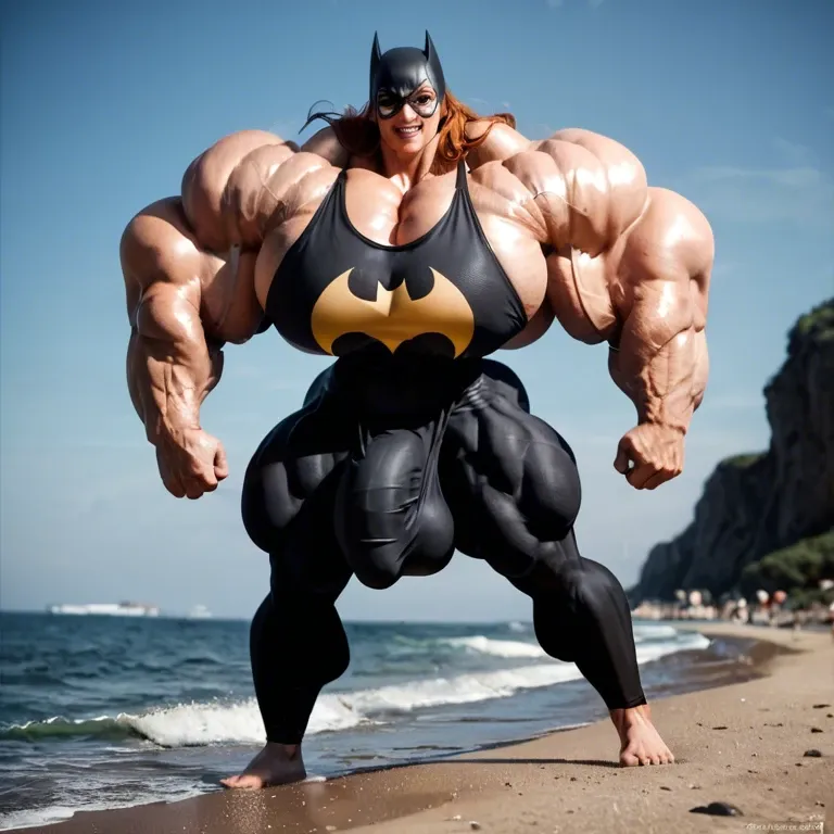 Batgirl, hyper massive muscles female, massive muscles buffet, hyper gigantic muscles, hyper gigant muscles, hyper giant muscles, hyper muscle tank, pectorales, bigger Futanari Cock bulge, leggings, Beach, big ass