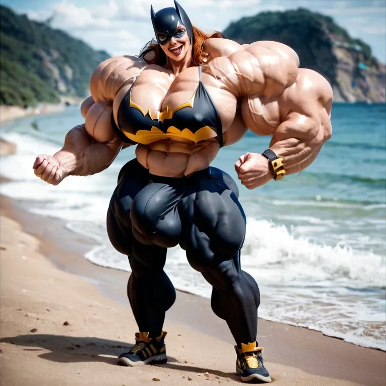 Batgirl, hyper massive muscles female, massive muscles buffet, hyper gigantic muscles, hyper gigant muscles, hyper giant muscles, hyper muscle tank, pectorales, bigger Futanari Cock bulge, leggings, Beach, big ass