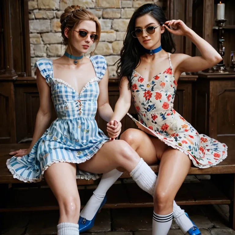 2girl, , , , eyes turned up,hand job,flat chest,breast,knee-high, floral dress,striped bikini,blue choker,no panties,ballet shoes, medieval dress,baggy socks,sunglasses,black lace bra,high heels, office outfit, depth of field, medieval dress, princess zelda, anna and elsa