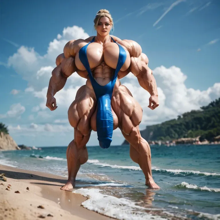 Supergirl, hyper massive muscles female, massive muscles buffet, hyper gigantic muscles, hyper gigant muscles, hyper giant muscles, hyper muscle tank, pectorales, sling bikini, bigger Futanari Cock long bulge, beach