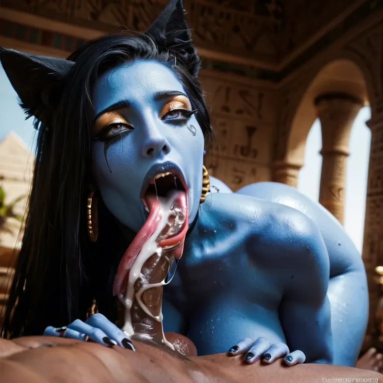 1girl,1boy,girl has big boobs and very long tongue,cum,saliva,pharaoh,blue skin,big dick,big ass,sex,ahegao,cat girl,sphinx,blue skin