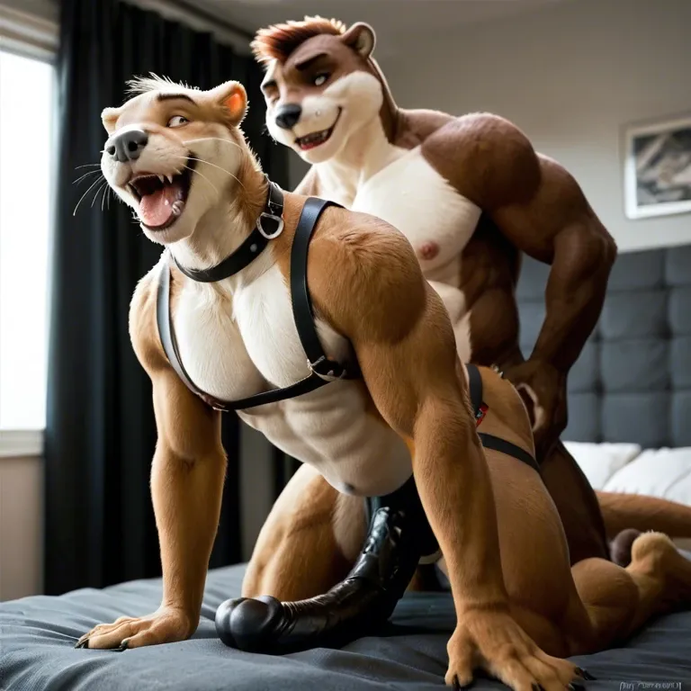 Furry only, anthro, two males, gay, otter, giant dildo, dildo insertion, fucking with dildo, abdominal bulge, jockstrap, harness, drooling, on all fours