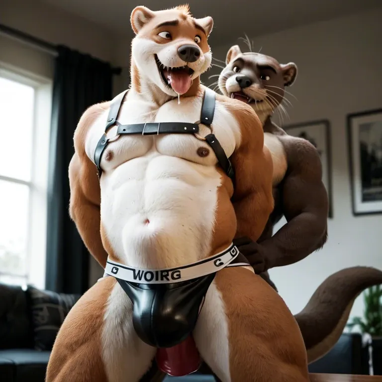 Furry only, anthro, two males, gay, otter, giant dildo, dildo insertion, fucking with dildo, abdominal bulge, jockstrap, harness, drooling