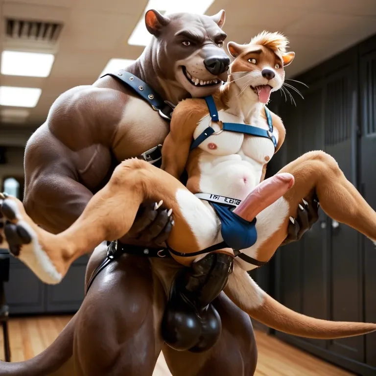 Furry only, anthro, two males, gay, otter, bull, beast, giant penis, anal penetration, abdominal bulge, jockstrap, harness, drooling, size difference