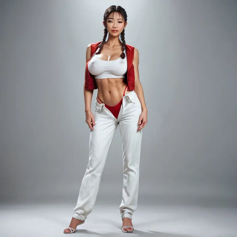 Asian teenage girl, standing, braided pigtails, large breasts with hard nipples, white thin strap top, long red vest, extremely long legs, loose pants,, red thong