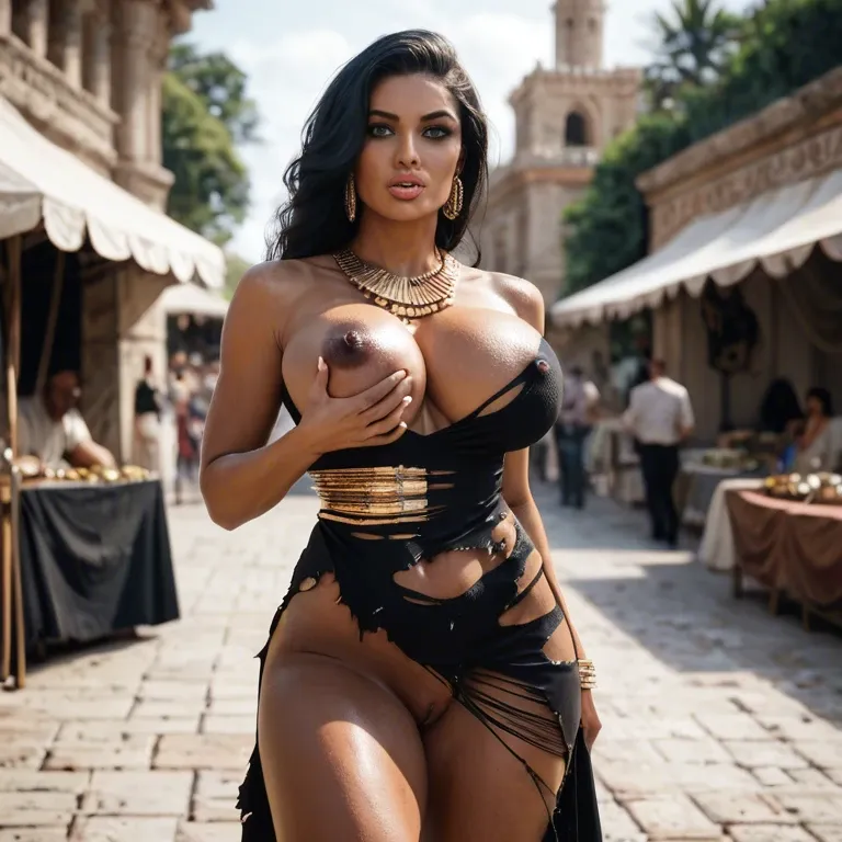 ancient roman market, outside, tunika dressed crowd, young, bimbo, extremely beautiful face, extremely detailed face, showing dripping pussy, dark skin, blue eyes, long black hair, torn slave dress, 1 man groping tits, showing gigantic saggy tits, seductive face expression