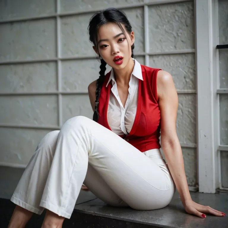 Asian elementary school girl, big red lips, mouth open, sitting up on knees, black braided pigtails, large breasts, white thin strap see thru top, long red vest, extremely long skinny legs, red thong,  loose white pants, cameltoe, stomach visible,