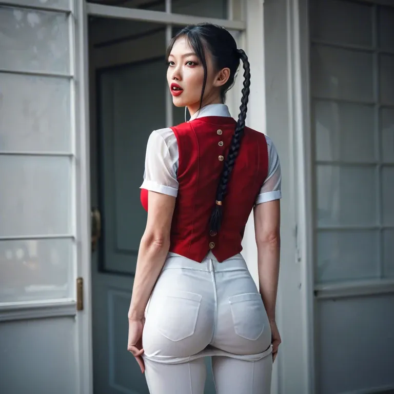 Asian elementary school girl, big red lips, mouth open, standing, view from behind, black braided pigtails, large breasts, white thin strap see thru top, long red vest, extremely long skinny legs, white pants slightly pulled down, red thong, cameltoe, stomach visible,