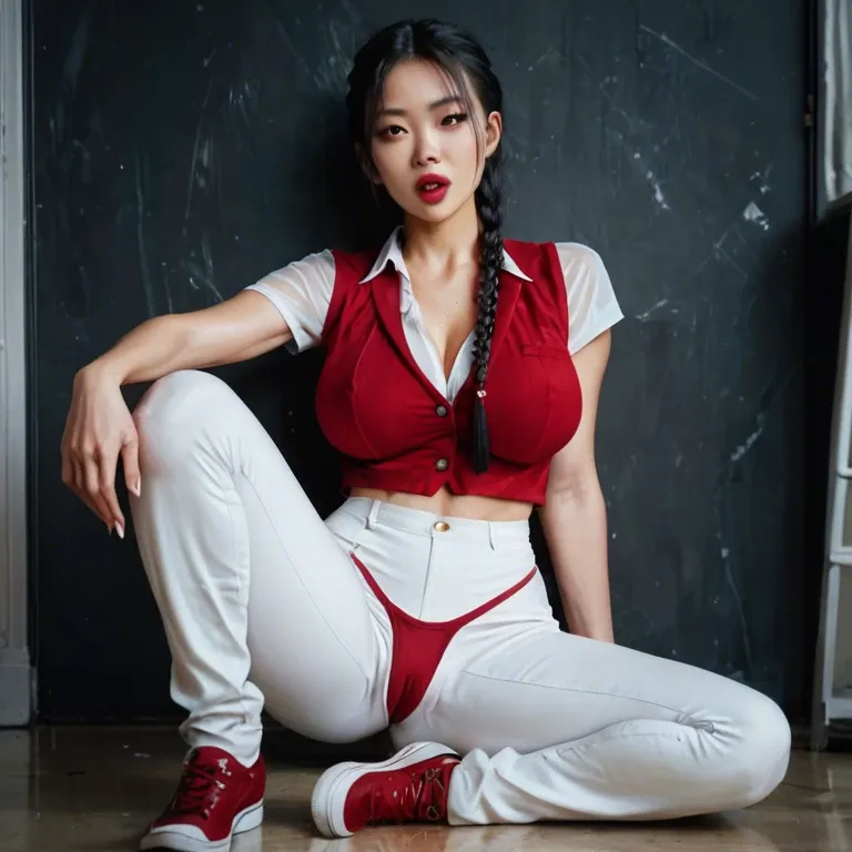 Asian elementary school girl, big red lips, mouth open, sitting on knees, black braided pigtails, large breasts, white thin strap see thru top, long red vest, extremely long skinny legs, red thong,  loose white pants, cameltoe, stomach visible,