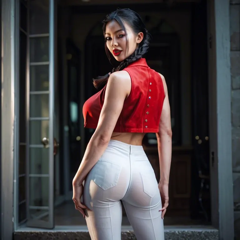 Asian elementary school girl, big red lips, mouth open, standing, view from behind, black braided pigtails, large breasts, white thin strap see thru top, long red vest, extremely long skinny legs, red thong,  white pants, cameltoe, stomach visible,