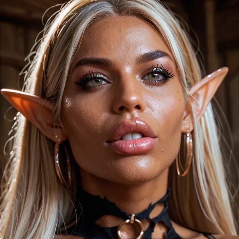 mountain meadow, in spring, bimbo wood elf, dark skin, close up, torn hunter clothes, bow in hand, extremely beautiful face, extremely detailed face, bimbo body, extremely saggy tits, gigantic dark areolas, showing tits, pov, skin details, sweating skin, on top, horny, impregnation request