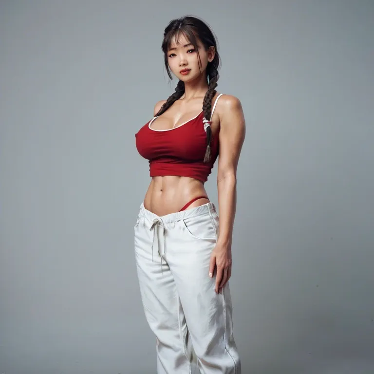 Asian teenage girl, standing, braided pigtails, large breasts with hard nipples, white thin strap top, long red vest, extremely long legs, loose pants, bare stomach, red thong