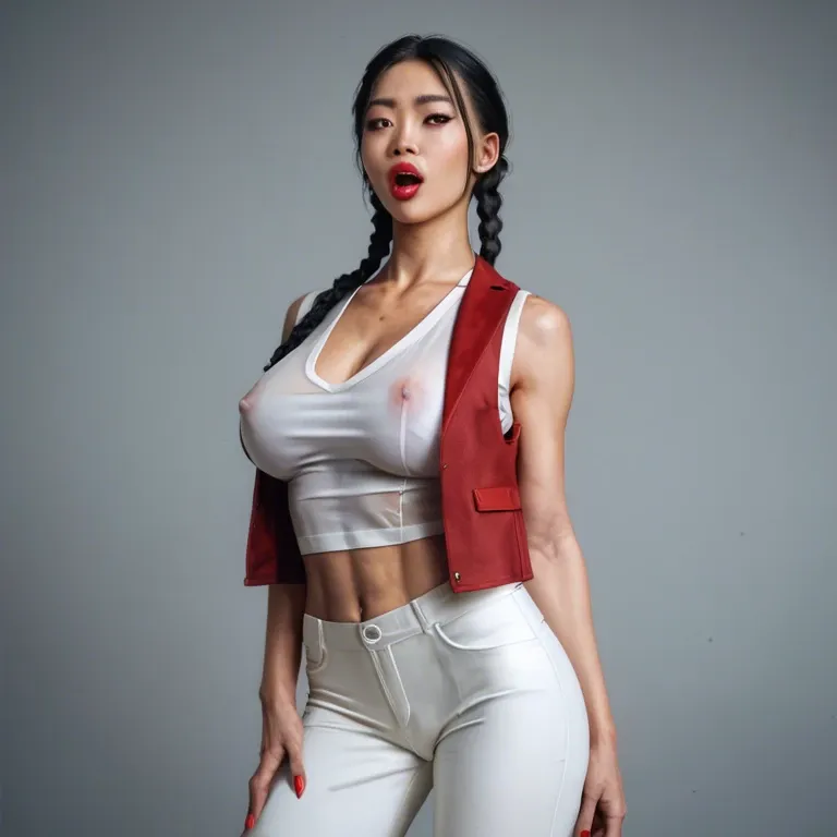 Asian elementary school girl, big red lips, mouth open, sucking large cock, black braided pigtails, large breasts, white thin strap see thru top, long red vest, extremely long skinny legs, white pants slightly pulled down, red thong, cameltoe, stomach visible, lower back visible,