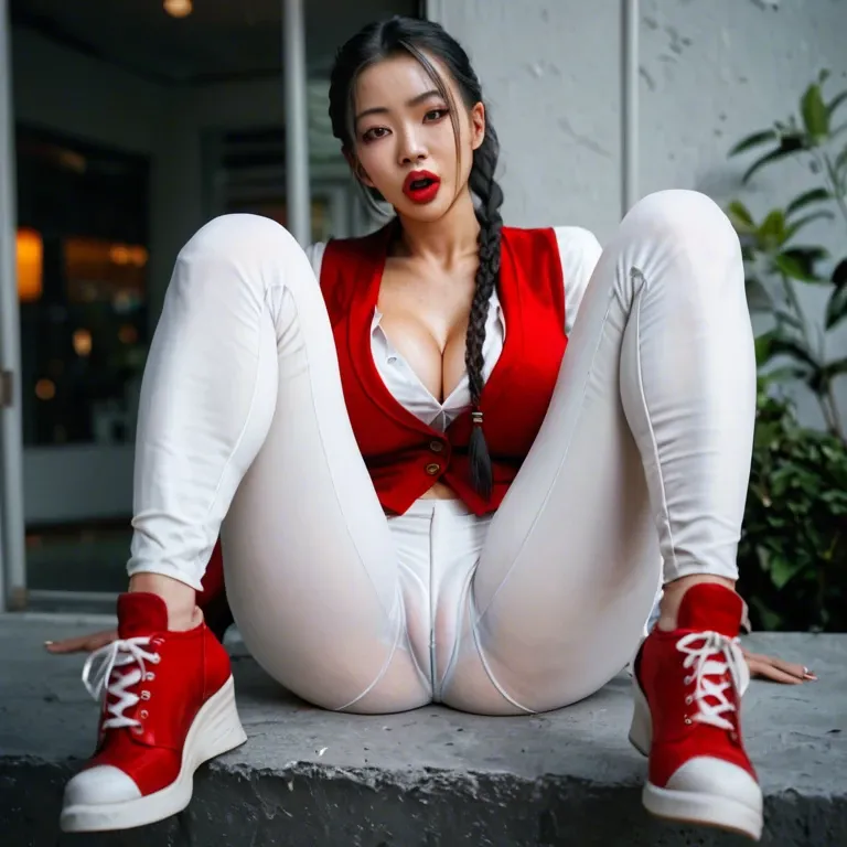 Asian elementary school girl, big red lips, mouth open, sitting legs folded, black braided pigtails, large breasts, white thin strap see thru top, long red vest, extremely long skinny legs, red thong,  loose white pants, cameltoe, stomach visible,