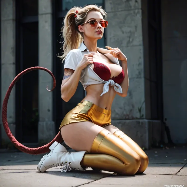 1girl,solo, , , , molesting,fingers,perky big tits,thin waist,shoulder tattoo, tied shirt,gold stockings,red sunglasses,pulled bra,white boots, crop top,gold stockings,tail tied,bra lift,white boots, nightgown,socks,suspender belt,corset,black sneakers, kitchen, street fighter, castle, bent over table, realistic style, bright lighting, linked collars, anna frozen, miku hatsune