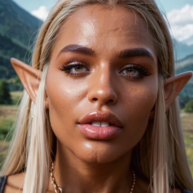 mountain meadow, in spring, bimbo wood elf, dark skin, close up, torn hunter clothes, bow in hand, extremely beautiful face, extremely detailed face, bimbo body, extremely saggy tits, gigantic dark areolas, showing tits, pov, skin details, sweating skin, on top, horny, impregnation request