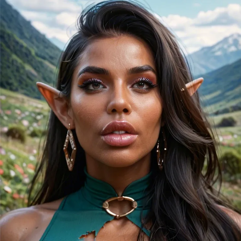 mountain meadow, in spring, bimbo wood elf, dark skin, close up upper body, torn hunter clothes, bow in hand, extremely beautiful face, extremely detailed face, bimbo body, extremely saggy tits, gigantic dark areolas, showing tits, pov groping tits hard, skin details, sweating skin, on top, horny, impregnation request