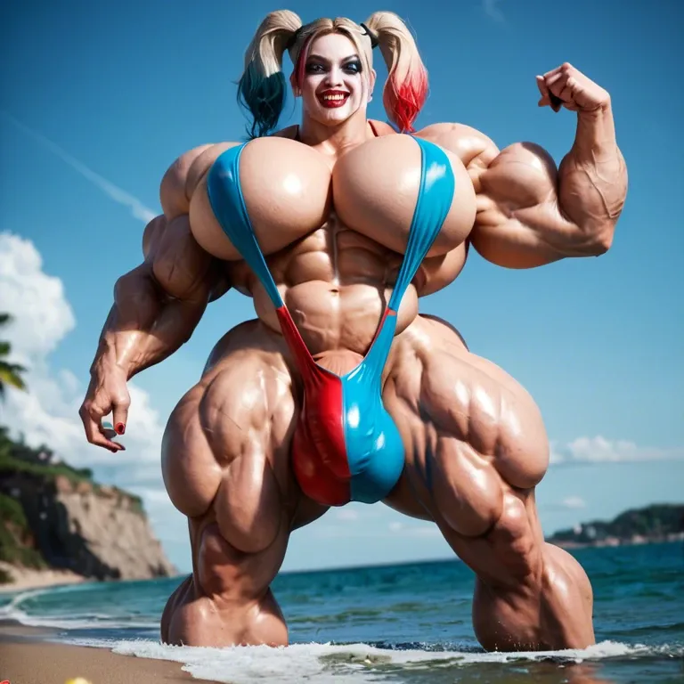 harley quinn, hyper massive muscles female, hyper massive muscles buffet, hyper gigantic massive muscles mass, hyper giant muscles, hyper muscle tank, pectorales, sling bikini, futa bigger long cock bulge, beach