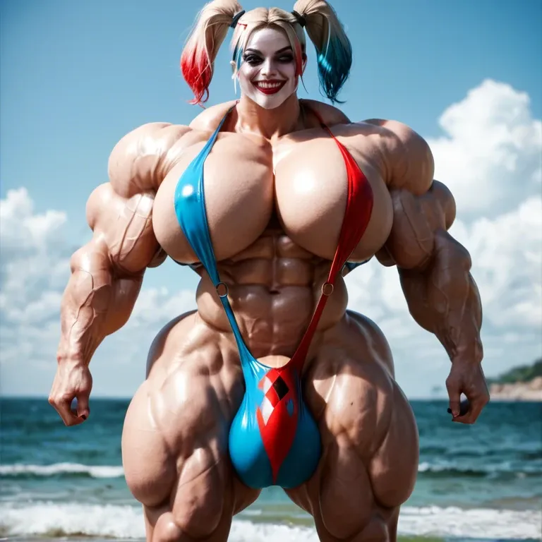 harley quinn, hyper massive muscles female, hyper massive muscles buffet, hyper gigantic massive muscles mass, hyper giant muscles, hyper muscle tank, pectorales, sling bikini, futa bigger long cock bulge, beach