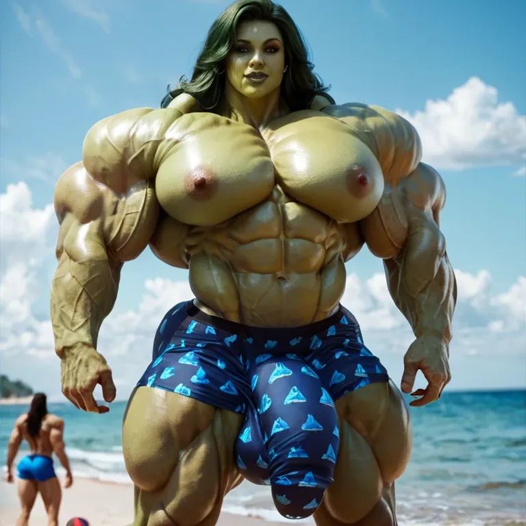 She hulk, hyper massive muscles female, hyper massive muscles buffet, hyper gigantic massive muscles mass, hyper giant muscles, hyper muscle tank, nude pectorales, penis print in boxer, futa bigger long cock bulge, beach