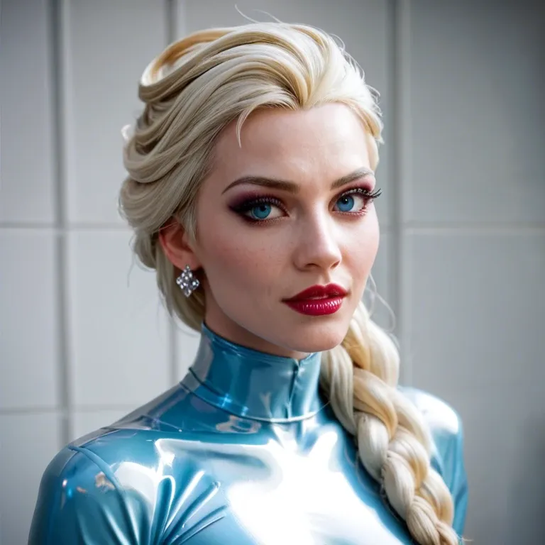 Latex Elsa cosplay with pierced nipples