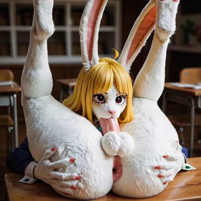 One piece, bunny, furry, white fur, yellow hair, school,big ass,futa,legs up,cute face,,people, AuTofellatio ,massive ass, clothes