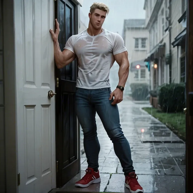 Gay man, long blonde hair, skinny body, toned physique,  white t-shirt, tight jean pants outlining extremely Long Large massive cock and huge balls,  red sneakers, standing in doorway, rain behind him, night lighting