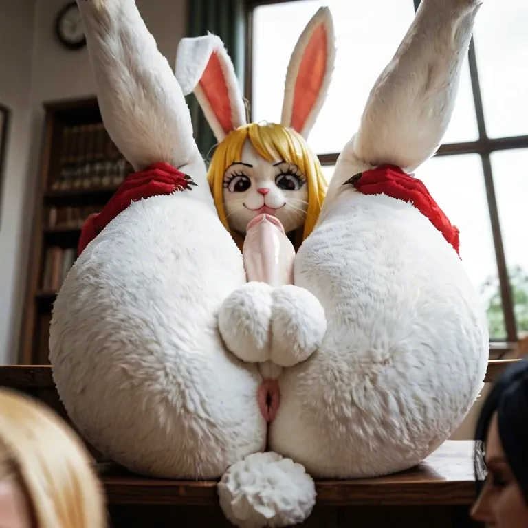 One piece, bunny, furry, white fur, yellow hair, school,big ass,futa,legs up,cute face,taker pov,people